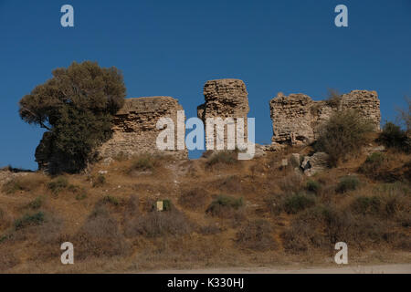 Reste von Mauern aus dem 12. Jahrhundert durch die Fatimiden befindet sich auf einem Sandstein (kurkar) Ridge in Aschkelon National Park im Südwesten der Stadt Aschkalon am Ufer des Mittelmeers, das war die älteste und größte Seehafen in Kanaan, Teil der Pentapolis (eine Gruppierung von fünf Städten) der Philister, Israel Stockfoto