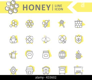Der Vektor Honig Zeile für Symbole. Biene, Honigwabe, Fass, Imker, Pendelarm, jar, Blume, Bienenstock, Topf, Hexagon, Bienenwachs, Löffel und mehr. Editierbare Schlaganfall. Stock Vektor