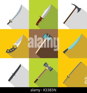 Kalte Waffe Icon Set, flacher Stil Stock Vektor