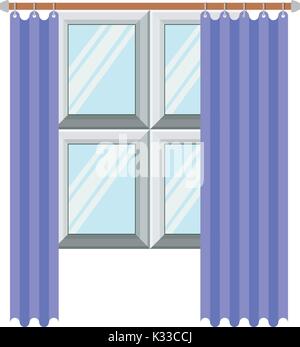Fenster in Holz mit lila Vorhang in bunten Silhouette auf weißem Hintergrund Stock Vektor