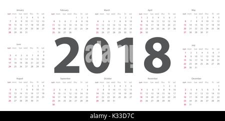 Kalender 2018. Woche beginnt ab Sonntag. Vector Illustration Stock Vektor