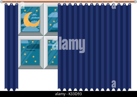 Großes Fenster mit blauen dunklen Vorhang und Nacht Landschaft in bunten Silhouette auf weißem Hintergrund Stock Vektor