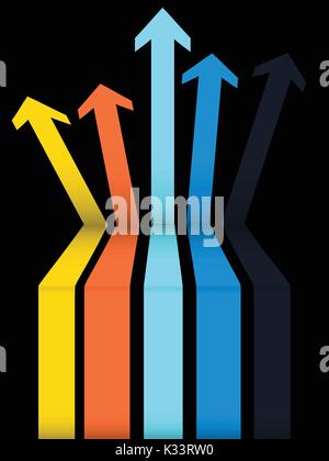 3D-Darstellung einer Reihe von bunten Pfeile gehen, mit einem Schritt auf schwarzem Hintergrund Stock Vektor