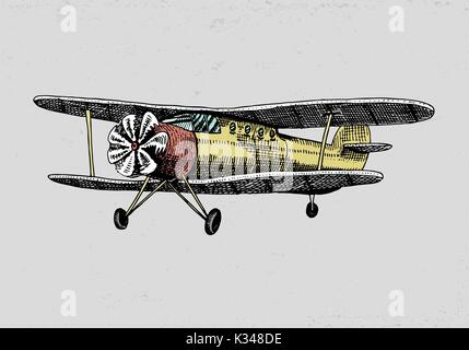 Satz von Passagier Flugzeuge Maiskolben oder Flugzeug Luftfahrt Reisen Illustration. gravierte handgezeichnete im alten Stil Sketch, Oldtimer Transport. Stock Vektor