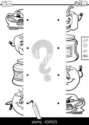 Schwarze und Weiße Cartoon Abbildung: Lernspiel von passenden Hälften mit Objekten Malbuch Stock Vektor
