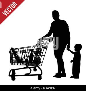 Der Mensch und sein Kind Silhouette mit dem Einkaufswagen im Supermarkt auf weißem Hintergrund, Vector Illustration Stock Vektor