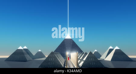 Ein Lichtstrahl aus der Spitze einer Ägyptischen Pyramide der Geist des Pharao in den Himmel zu transportieren. Stockfoto