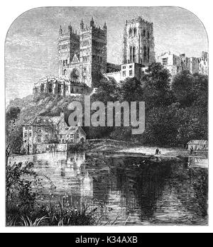 1870: Die Kathedrale Kirche Christi, der seligen Jungfrau Maria und der Hl. Cuthbert von Durham, in der Regel in Durham Cathedral bekannt und Heimat der Schrein von St. Cuthbert, über den Fluss Wear. Die Kathedrale stammt aus dem AD 1093 und wird als eines der schönsten Beispiele der normannische Architektur angesehen und ist ein UNESCO-Weltkulturerbe, County Durham, England benannt worden Stockfoto