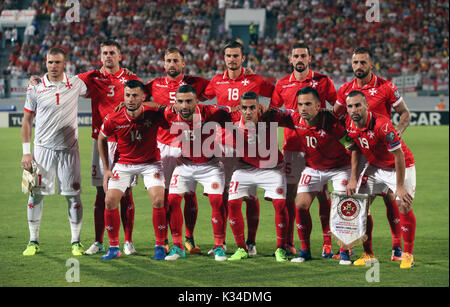 Malta team Group (obere Reihe von links nach rechts) Torhüter Andrew Hogg, Sam Magri, Andrei Agius, Bjorn Kristensen, Ryan Fenech, Steve Borg (untere Reihe, von links nach rechts) Jean Farrugia, Zach Muscat, Stephen Pisani, Andre Schembri und Joe Zerafa während der 2018 FIFA World Cup qualifizieren, Gruppe F auf der National Stadium, Ta'Qali. PRESS ASSOCIATION Foto. Bild Datum: Freitag, 1. September 2017. Siehe PA-Geschichte Fußball Malta. Photo Credit: Nick Potts/PA-Kabel. Einschränkungen: Nutzung unter FA Einschränkungen. Nur für den redaktionellen Gebrauch bestimmt. Kommerzielle Nutzung nur mit vorheriger schriftlicher Zustimmung der FA. N Stockfoto