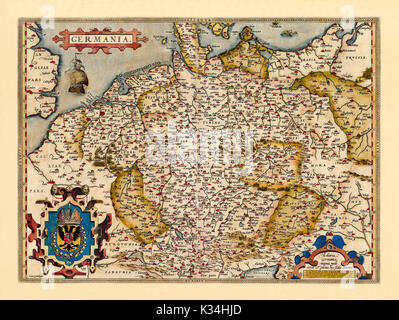 Alte Karte von Deutschland in ausgezeichnetem Erhaltungszustand. Von Ortelius, Theatrum Orbis Terrarum, Antwerpen, 1570 Stockfoto