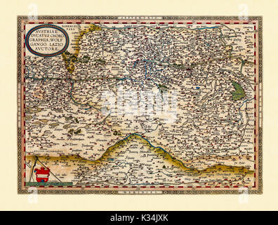 Alte Karte von Österreich. Exzellenten Erhaltungszustand im alten Stil realisiert. Alle grafischen Komposition wird innerhalb eines Frames. Von Ortelius, Theatrum Orbis Terrarum, Antwerpen, 1570 Stockfoto