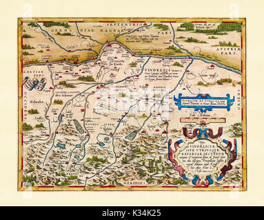 Alte detaillierte Karte von Bayern. Exzellenten Erhaltungszustand im alten Stil realisiert. Alle grafischen Komposition wird innerhalb eines Frames. Von Ortelius, Theatrum Orbis Terrarum, Antwerpen, 1570 Stockfoto