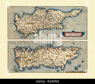 Alte Karten von Zypern und Kreta. Zwei frames nebeneinander angeordneten vertikal jeweils mit einer Insel im Inneren. Von Ortelius, Theatrum Orbis Terrarum, Antwerpen, 1570 Stockfoto