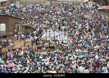 Massen auf dem Markt im Freien am äthiopisch-orthodoxen Ostersamstag, um Lebensmittel zu kaufen, um das Ende der Fastenzeit, Lalibela, Äthiopien, zu feiern Stockfoto