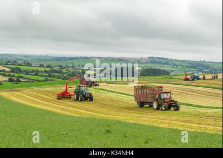 Oldtimer Traktoren und Maschinen geben einen silage Demonstration mit Blick auf die Landschaft im Hintergrund in Ballinascarthy, West Cork, Irland Stockfoto