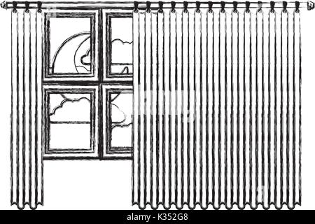 Großes Fenster mit Vorhang und Nacht Landschaft unscharfe Silhouette auf weißem Hintergrund Stock Vektor