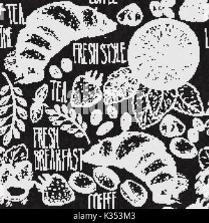 Nahtlose Hintergrund skizziert Frühstück mit Croissant, Zitrone und Beeren. Drawned auf Tafel mit Kreide. Stock Vektor