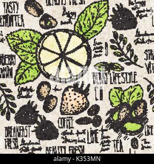 Nahtlose Hintergrund skizziert Frühstück mit Croissant, Zitrone und Beeren Stock Vektor