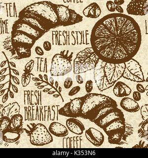 Nahtlose Hintergrund skizziert Frühstück mit Croissant, Zitrone und Beeren. Drawned auf alte braune Papier Stock Vektor