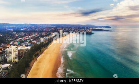 Manly Beach und Vorort Waterfront mit Blick auf Surfen Wellen des Pazifischen Ozeans am Morgen von oben - Luftbild Ansicht. Stockfoto