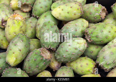 Grüne opuntia Obst lag auf der Theke der Street Food Markt auf der Insel Madeira, Portugal. Nahaufnahme mit selektiven Fokus Stockfoto