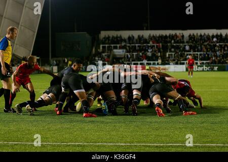 - Newcastle upon Tyne, England, 1 September 2017. Die Newcastle Falcons gewinnen Sie ein scrum gegen Worcester Warriors im AVIVA Premiership Gleichen bei Kingston Park. Credit: Colin Edwards/Alamy Leben Nachrichten. Stockfoto