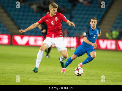 Oslo, Norwegen. 01 Sep, 2017. Norwegen, Oslo - September 1, 2017. Alexander Sørloth (9) Norwegen während der WM-Qualifikationsspiel zwischen Norwegen und Aserbaidschan an Ullevaal Stadion in Oslo gesehen. Credit: Gonzales Foto/Alamy leben Nachrichten Stockfoto