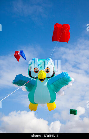 Lytham St Annes, Blackpool, 2. September, 2017. St. Anne's Kite bird Festival. Der Himmel über Saint Annes on Sea, direkt am Meer, Waren überschwemmt mit Farbe wie fabelhaft grossen Drachen in der Luft auf den Strand in der Nähe der Pier. Die Veranstaltung Single Line Kites in allen Formen und Größen, wie fliegen Eulen zusammen mit 2- und 4-line Lenkdrachen. Stockfoto