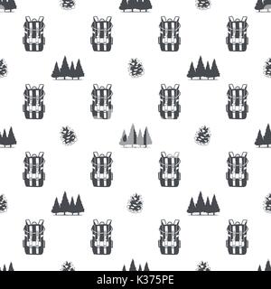 Camping Muster mit Rucksack, Bäume und Pine Cone Symbole. Abenteuer nahtlose Tapete. Vektor auf weißem Hintergrund. Schwarzweiß-Design Stock Vektor