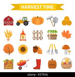 Herbst die Zeit der Ernte Icons Set flachbild Cartoon Stil. Ernte Sammlung von Elementen Design. Bauernhof, Thanksgiving Day Konzept, argoticulture. Auf weissem Hintergrund. Vector Illustration Stock Vektor