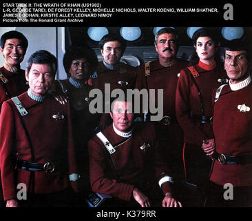 STAR TREK II Der Zorn des Khan L-R, GEORGE TAREI, DE FOREST KELLEY, MICHELLE NICHOLS, WALTER KOENIG, William Shatner, James Doohan, Kirstie Alley, Leonard Nimoy Stockfoto