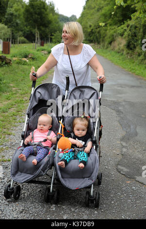 Mutter mit Zwillingen im Kinderwagen Stockfoto