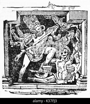 Alte Zeichen der indischen Mythologie, die Vervielfältigung von DUS-awtar Flachrelief in Ellora Höhlen gefunden Indien. Alte Illustration von unbekannter Autor auf Magasin Pittoresque Paris 1834 veröffentlicht. Stockfoto