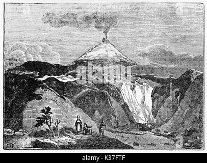 Alte felsige Landschaft mit einem rauchenden Vulkan im Hintergrund, Vulkan Hekla südlichen Island. Alte Illustration von unbekannter Autor auf Magasin Pittoresque Paris 1834 veröffentlicht. Stockfoto