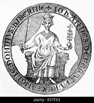 King John Lackland Ancient Seal, als er sich auf die vorbereitenden Übungen des Friedens durch die Barone dargestellt angebracht. Alte Illustration von unbekannter Autor auf Magasin Pittoresque Paris 1834 veröffentlicht. Stockfoto