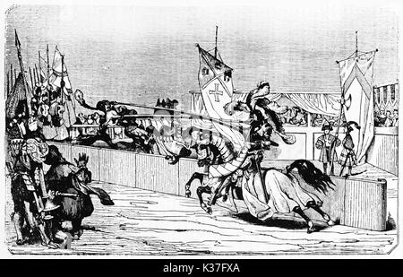 Mittelalterliches Turnier mit alten Ritter Schlacht auf dem Pferd mit der Lanze. Erstellt alte Illustration von Jackson und Watter auf Magasin Pittoresque Paris 1834 veröffentlicht. Stockfoto