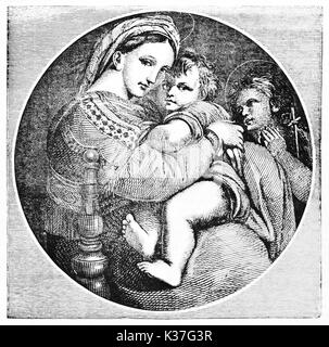 Raffaels Bild Madonna della Seggiola (Jungfrau auf Stuhl) schwarze und weiße Reproduktion. Erstellt alte Illustration von Morghen und Jackson nach Raphael Magasin Pittoresque, Paris, 1834 veröffentlicht. Stockfoto