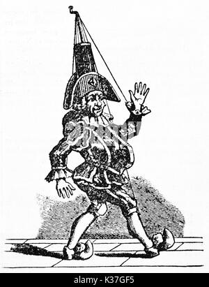 Pulcinella Marionette Version, klassischen italienischen Charakter, die sich in der Szene in seinem traditionellen alten Kleidung. Alte Illustration von unbekannter Autor auf Magasin Pittoresque Paris 1834 veröffentlicht. Stockfoto
