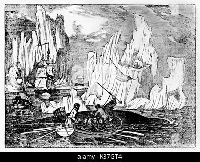 Alten rauhen Abbildung eines Bootes Walfang in der kalten Nordsee mit Eisberge auf dem Hintergrund. Alte Illustration von unbekannter Autor auf Magasin Pittoresque Paris 1834 veröffentlicht. Stockfoto