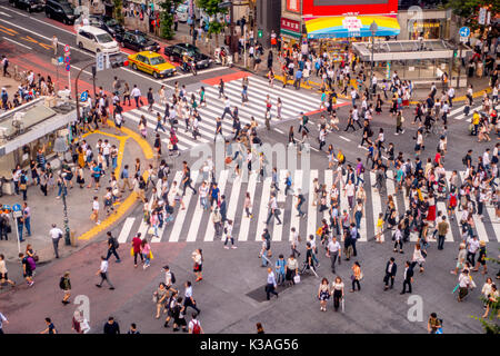 Tokio, Japan, 28. Juni - 2017: Blick von oben auf die Masse der Leute Kreuzung in Shibuya Straße, einer der belebtesten Fussgängerstreifen in der Welt, im Bezirk Ginza in Tokio Stockfoto