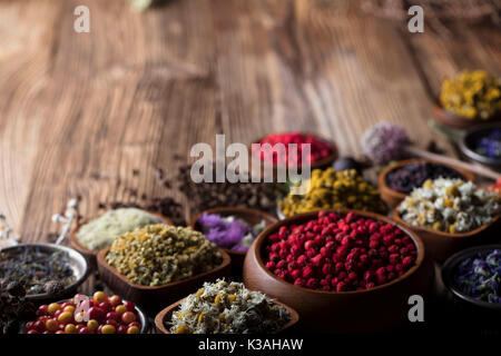 Natürliche Medizin. Kräuter, Beeren und Blumen in Schalen auf hölzernen Tisch. Stockfoto