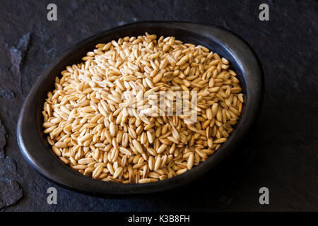 Hafer (Avena sativa) Körner in einer traditionellen schwarzen Ton Teller Stockfoto