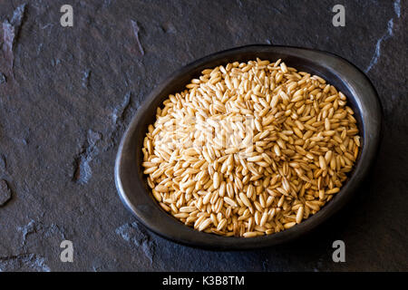 Hafer (Avena sativa) Körner in einer traditionellen schwarzen Ton Teller Stockfoto