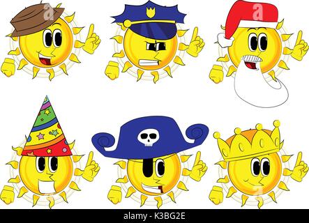 Cartoon Sun einen Punkt. Sammlung mit Kostüm. Ausdrücke Vektor einrichten. Stock Vektor