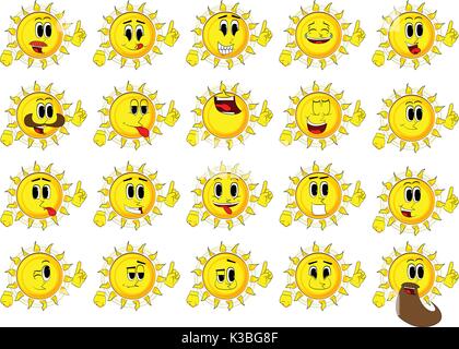 Cartoon Sun einen Punkt. Sammlung mit glücklichen Gesichtern. Ausdrücke Vektor einrichten. Stock Vektor