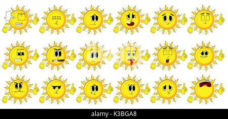 Cartoon Sun einen Punkt. Sammlung mit traurigen Gesichtern. Ausdrücke Vektor einrichten. Stock Vektor