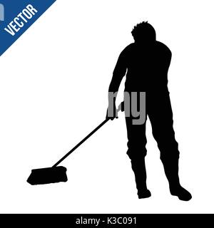 Hausmeister mann Silhouette fegen auf weißem Hintergrund, Vector Illustration Stock Vektor