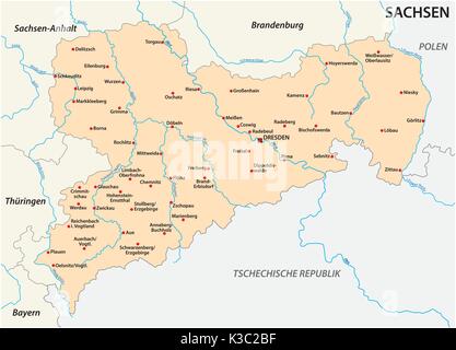 Karte des Landes Sachsen mit den wichtigsten Städten Stock Vektor