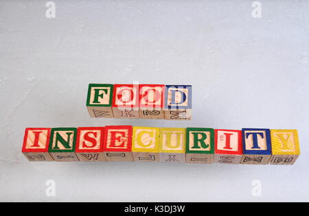 Der Begriff Ernährungsunsicherheit visuell dargestellt auf einem weißen Hintergrund mit bunten Holzspielzeug Bausteine im Querformat mit Kopie Raum Stockfoto