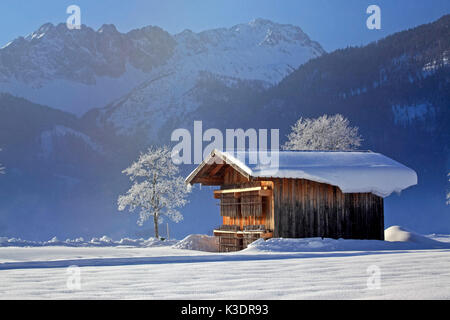 Österreich, Tirol, Ehrwalder Becken, Holzhütte, Mieminger Gebirge, Stockfoto